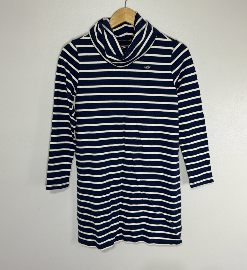 Vineyard Vines Knit Jersey Dress Girls L Cowl Neck Blue Stripe Preppy Coastal